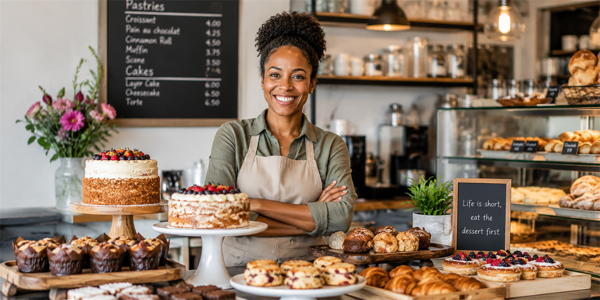 black woman standing in a bakery with various baked goods